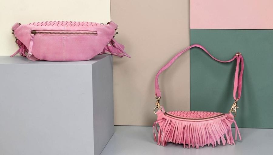 Pink suede fringe sling bag