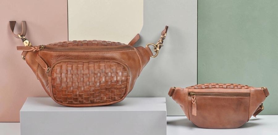 Handwoven leather waist bag detail