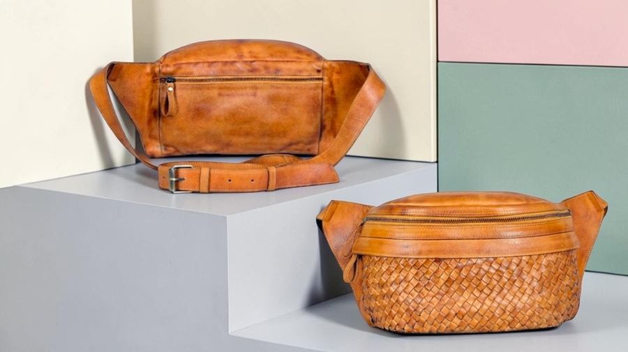 Tan leather waist bag with belt