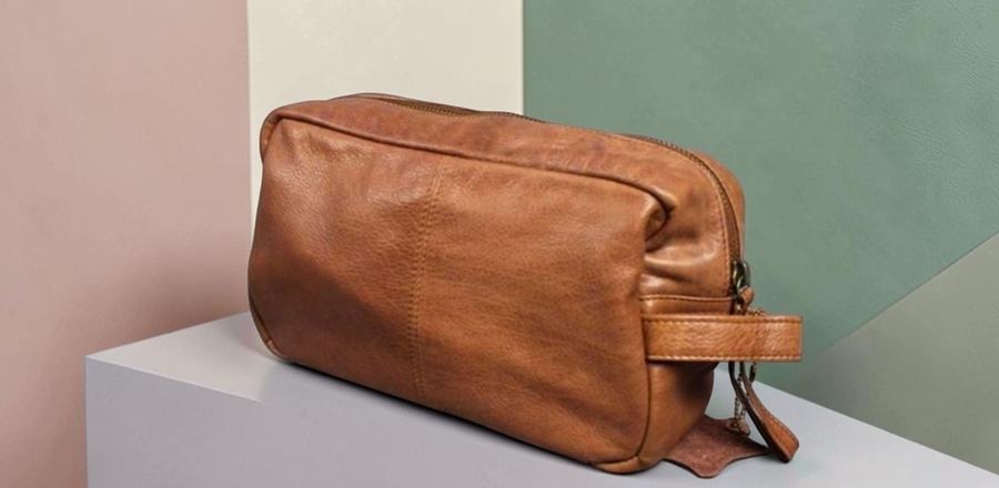 Brown leather toiletry bag