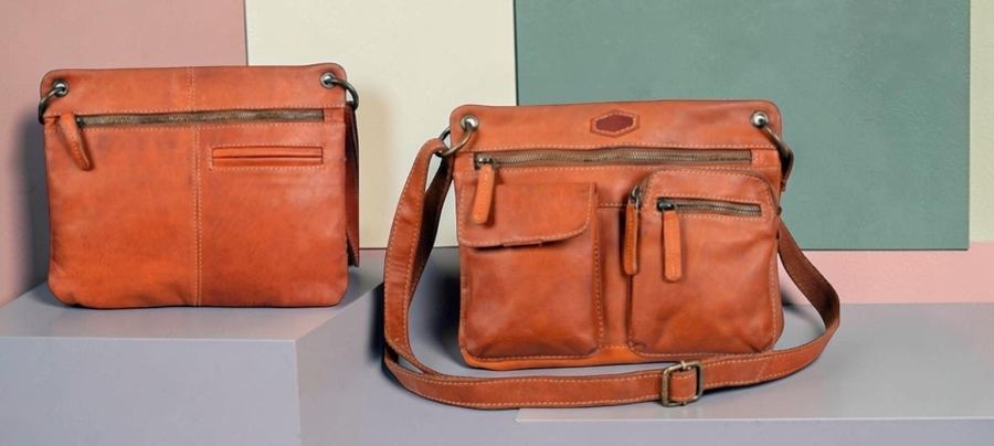 Brown leather messenger bags with buckles