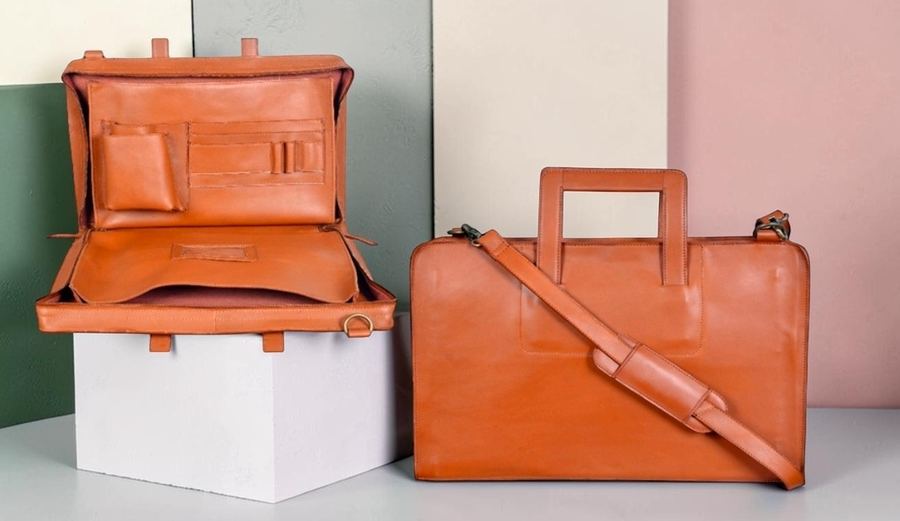 Tan leather portfolio briefcase, open