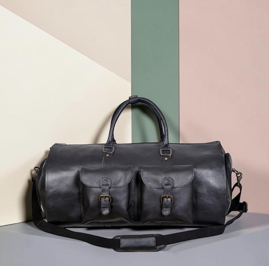 Canvas and leather duffel bag close up