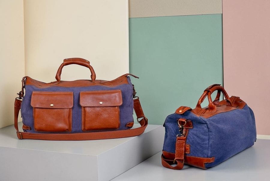 Handmade tan leather duffel bag by Aurish Store